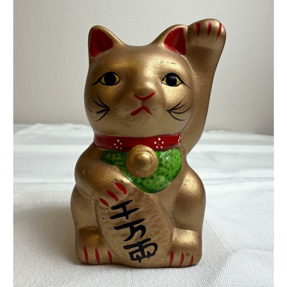 Gold Japanese Maneki Neko Beckoning Lucky Cat Figurine Raised Paw